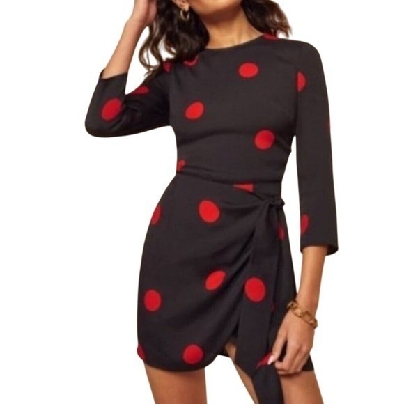 Reformation Size 2 Black Red Janae Polka Dot Wrap Mini Dress Party Flattering
